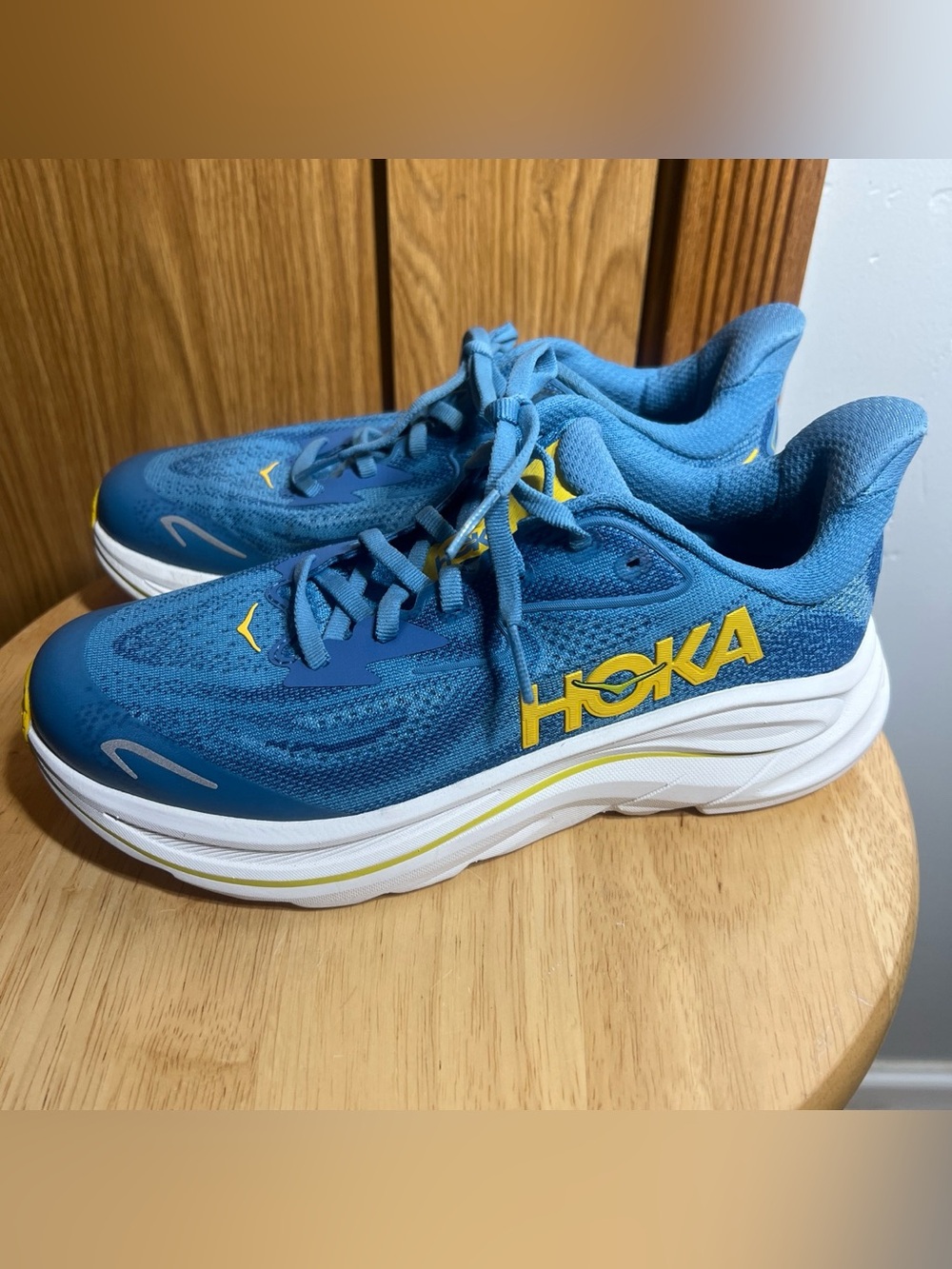 Hoka Blue Running Shoes with Yellow Logo